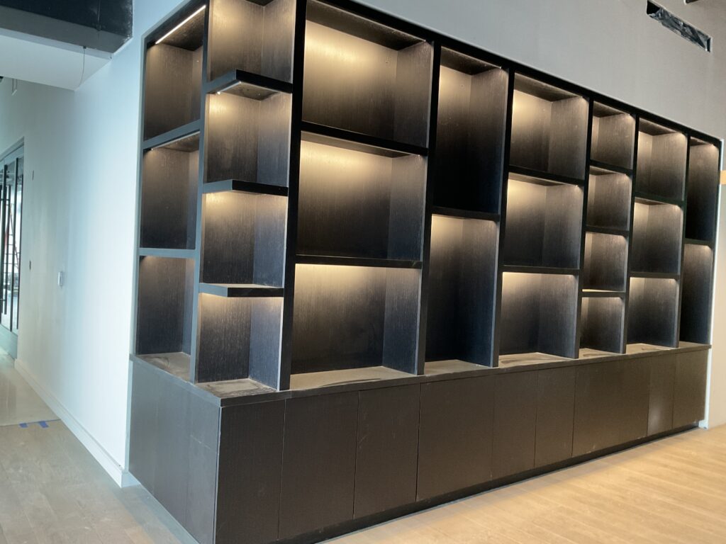 Modern black shelving unit with integrated lighting, showcasing open compartments against a neutral wall, suited for decorative display and storage.
